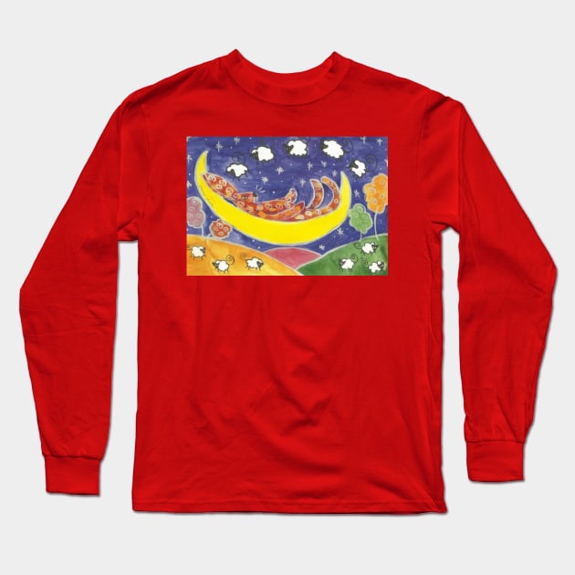 Quirky Hare counting sheep on the moon Long Sleeve T-Shirt by Casimirasquirkyart